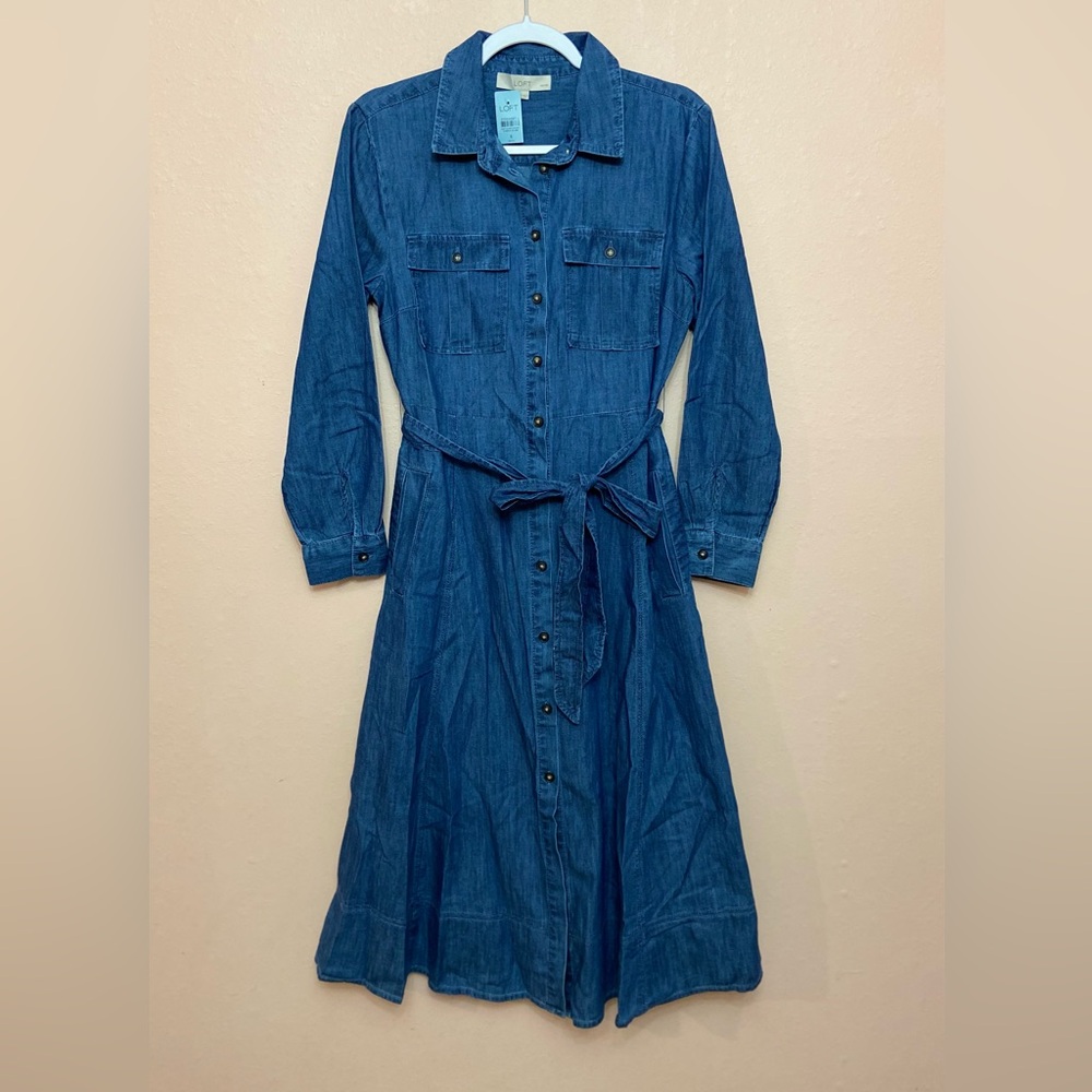 LOFT Petite Chambray Belted Midi Pocket Shirtdress - Picture 3 of 7
